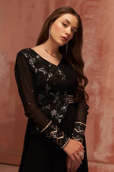 Shop_Suruchi Parakh_Black Chiffon, Georgette Floral Motifs V Neck Draped Jacket Kurta And Pant Set _Online_at_Aza_Fashions