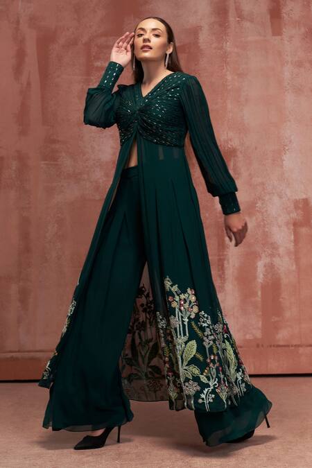 Suruchi Parakh_Green Chiffon, Georgette Floral Motifs V Neck Draped Jacket And Flared Pant Set _Online_at_Aza_Fashions