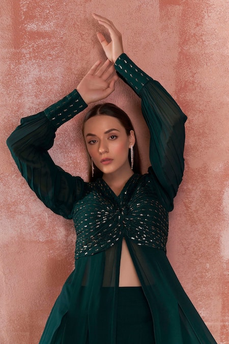 Buy_Suruchi Parakh_Green Chiffon, Georgette Floral Motifs V Neck Draped Jacket And Flared Pant Set _Online_at_Aza_Fashions