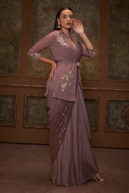 Suruchi Parakh_Brown Georgette, Satin, Soft Organza Floral Motifs Pre-draped Saree Set With _Online_at_Aza_Fashions