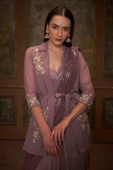 Buy_Suruchi Parakh_Brown Georgette, Satin, Soft Organza Floral Motifs Pre-draped Saree Set With _Online_at_Aza_Fashions