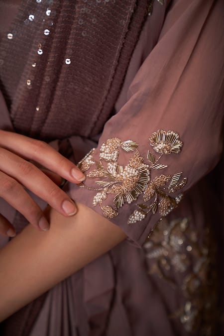 Shop_Suruchi Parakh_Brown Georgette, Satin, Soft Organza Floral Motifs Pre-draped Saree Set With _Online_at_Aza_Fashions