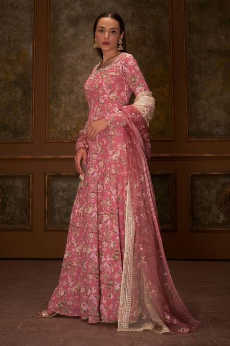 Suruchi Parakh_Pink Georgette, Soft Organza Floral Print Anarkali With Embroidered Dupatta _Online_at_Aza_Fashions