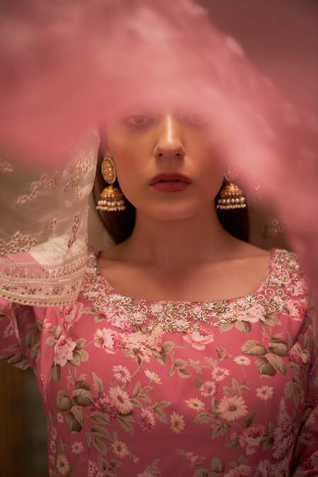 Shop_Suruchi Parakh_Pink Georgette, Soft Organza Floral Print Anarkali With Embroidered Dupatta _Online_at_Aza_Fashions
