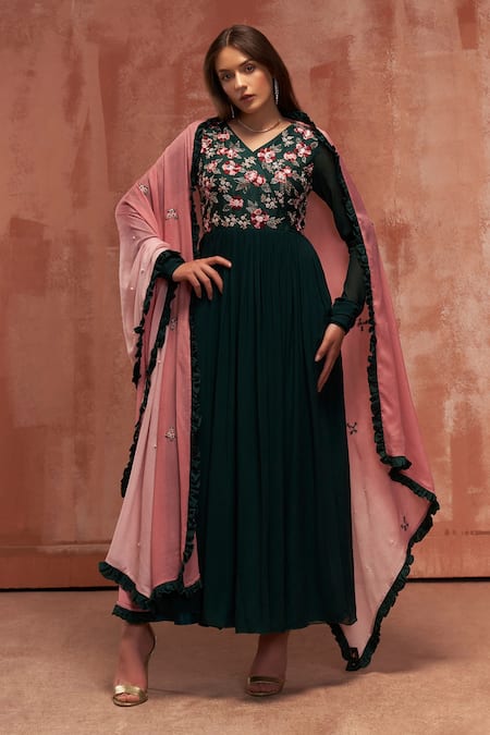 Suruchi Parakh Green Georgette Embroidered Floral Motifs V Neck Anarkali With Dupatta 