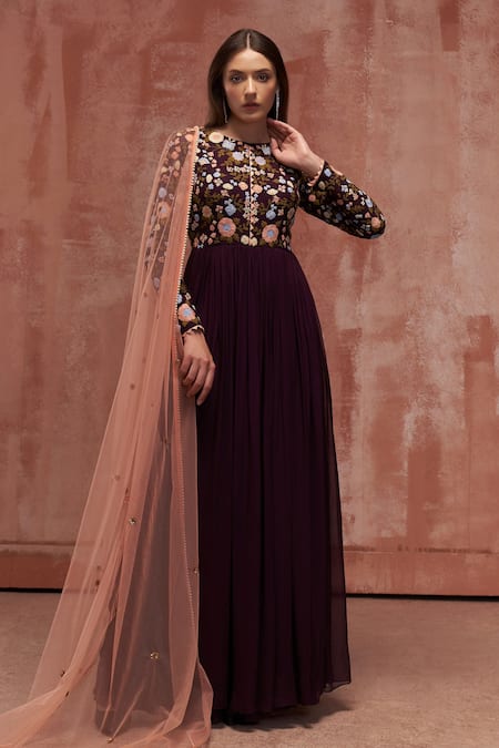 Suruchi Parakh_Purple Georgette Floral Motifs Round Embroidered Anarkali With Dupatta _Online_at_Aza_Fashions