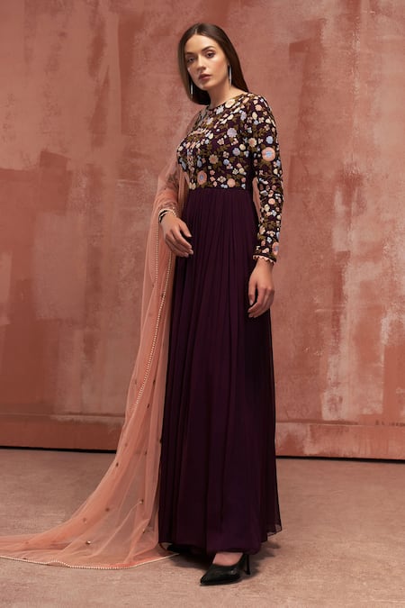 Buy_Suruchi Parakh_Purple Georgette Floral Motifs Round Embroidered Anarkali With Dupatta _Online_at_Aza_Fashions