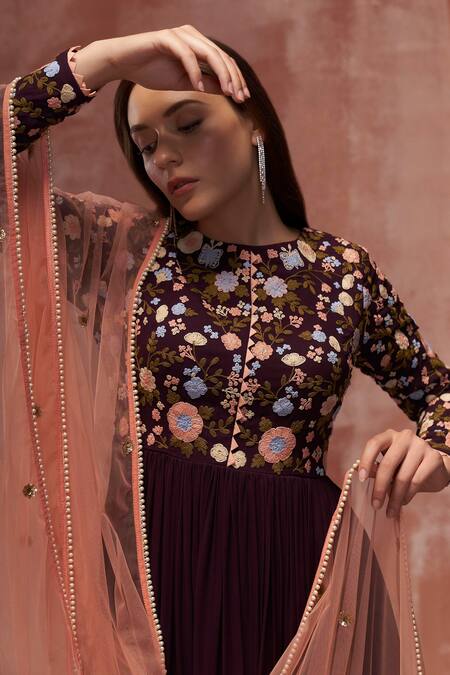 Shop_Suruchi Parakh_Purple Georgette Floral Motifs Round Embroidered Anarkali With Dupatta _Online_at_Aza_Fashions