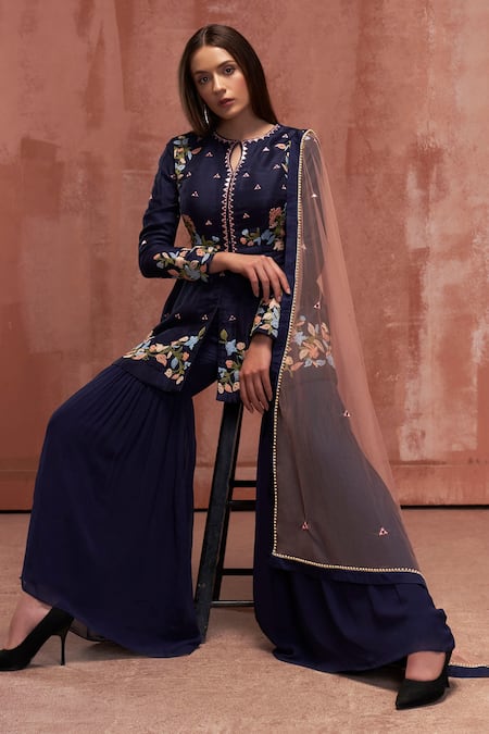 Suruchi Parakh Blue Net, Georgette, Tussar Silk Thread And Embroidered Short Anarkali Sharara Set Online at Aza Fashions Suruchi Parakh_Blue Net, Georgette, Tussar Silk Thread And Embroidered Short Anarkali Sharara Set _Online_at_Aza_Fashions