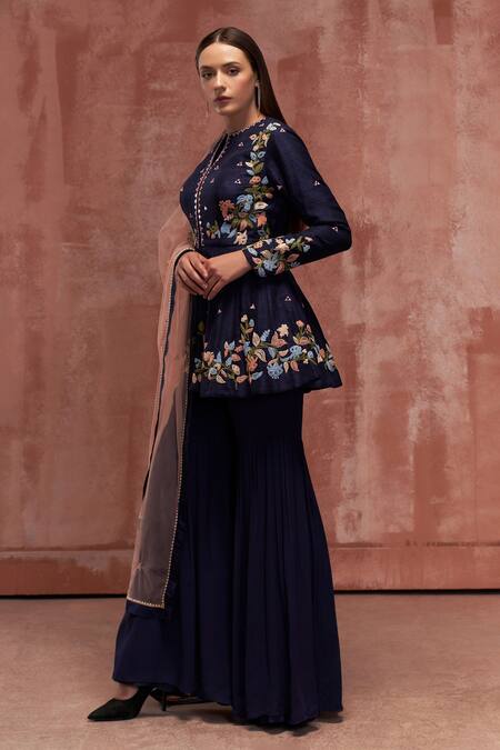Buy Suruchi Parakh Blue Net, Georgette, Tussar Silk Thread And Embroidered Short Anarkali Sharara Set Online at Aza Fashions Buy_Suruchi Parakh_Blue Net, Georgette, Tussar Silk Thread And Embroidered Short Anarkali Sharara Set _Online_at_Aza_Fashions