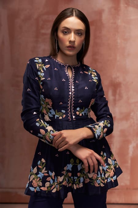 Shop Suruchi Parakh Blue Net, Georgette, Tussar Silk Thread And Embroidered Short Anarkali Sharara Set Online at Aza Fashions Shop_Suruchi Parakh_Blue Net, Georgette, Tussar Silk Thread And Embroidered Short Anarkali Sharara Set _Online_at_Aza_Fashions