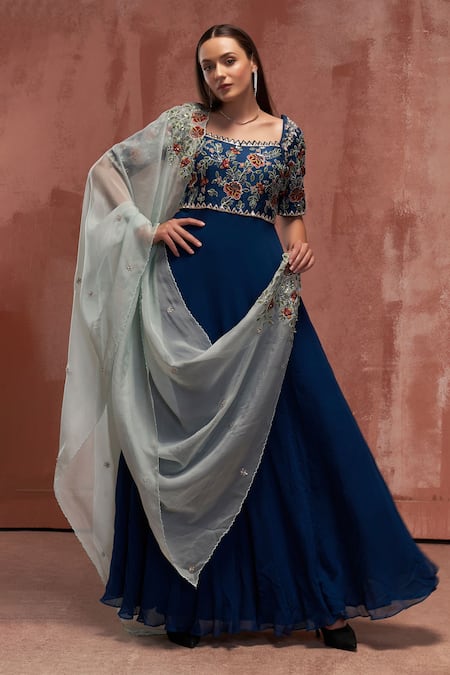 Suruchi Parakh_Blue Georgette, Tussar Silk, Soft Organza Embroidered Anarkali With Dupatta _Online_at_Aza_Fashions