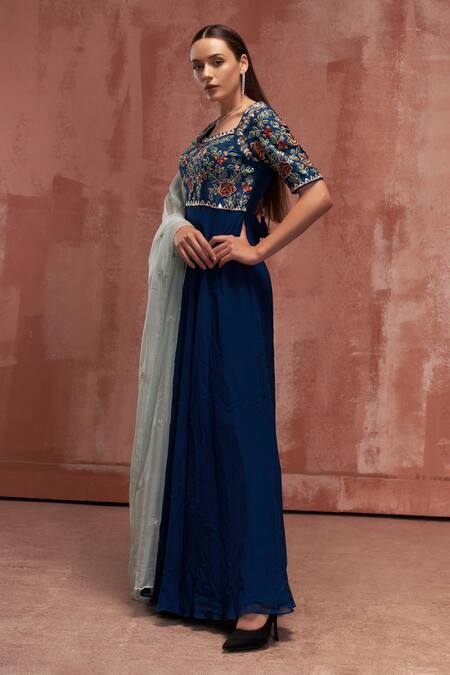 Buy_Suruchi Parakh_Blue Georgette, Tussar Silk, Soft Organza Embroidered Anarkali With Dupatta _Online_at_Aza_Fashions