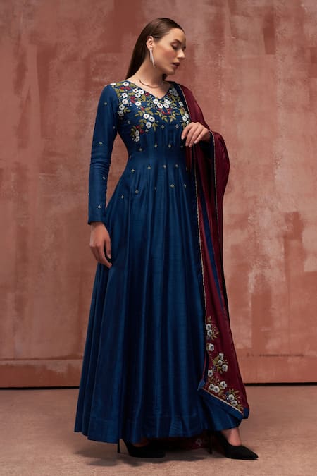 Suruchi Parakh_Blue Satin , Tussar Floral Motifs V Embroidered Anarkali With Dupatta _Online_at_Aza_Fashions