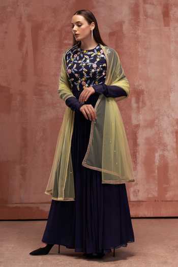 Suruchi Parakh_Blue Net, Georgette Floral Motifs Crew Neck Embroidered Anarkali With Dupatta _Online_at_Aza_Fashions