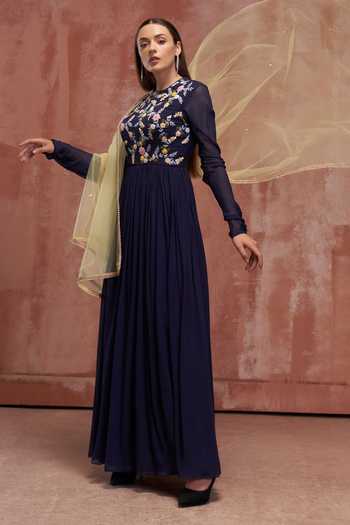Buy_Suruchi Parakh_Blue Net, Georgette Floral Motifs Crew Neck Embroidered Anarkali With Dupatta _Online_at_Aza_Fashions