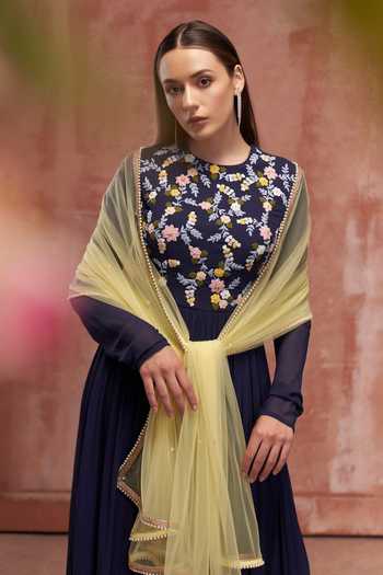 Shop_Suruchi Parakh_Blue Net, Georgette Floral Motifs Crew Neck Embroidered Anarkali With Dupatta _Online_at_Aza_Fashions