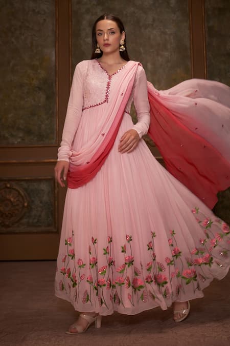 Suruchi Parakh_Pink Georgette, Tussar Silk Lotus Motifs V Neck Embroidered Draped Anarkali _Online_at_Aza_Fashions