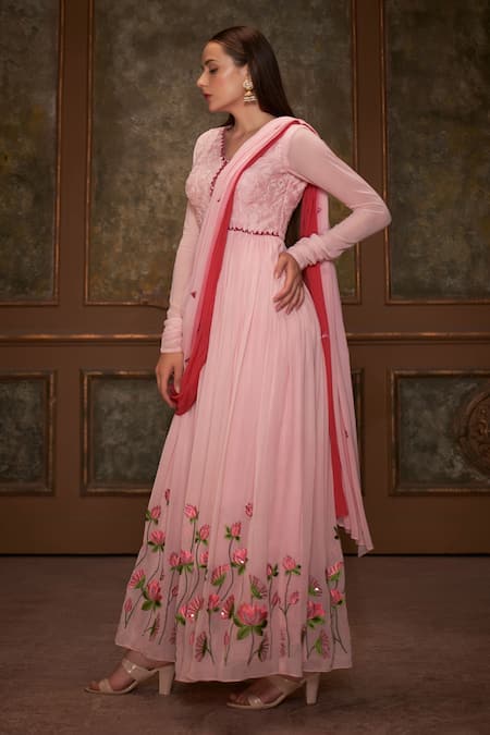 Buy_Suruchi Parakh_Pink Georgette, Tussar Silk Lotus Motifs V Neck Embroidered Draped Anarkali _Online_at_Aza_Fashions