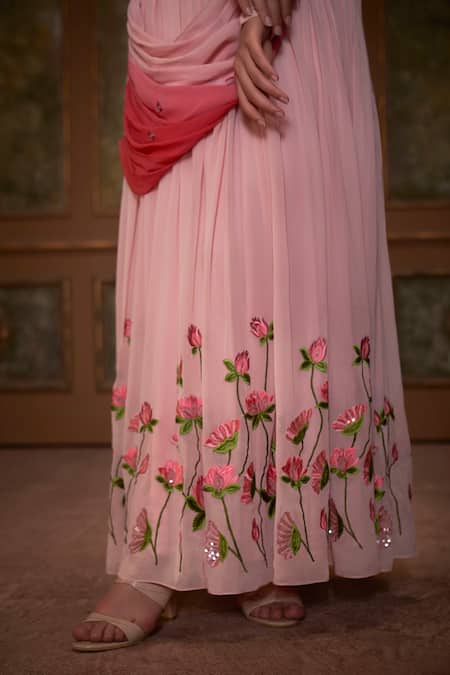 Suruchi Parakh_Pink Georgette, Tussar Silk Lotus Motifs V Neck Embroidered Draped Anarkali _at_Aza_Fashions