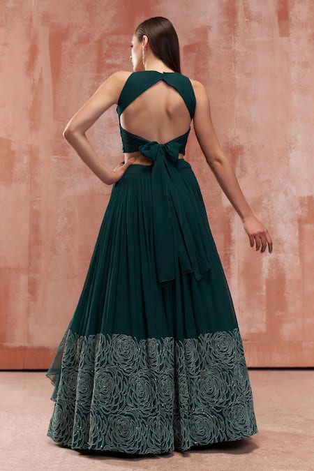 Shop Suruchi Parakh Green Georgette, Soft Organza Floral Motifs Round Embroidered Lehenga Set at Aza Fashions Shop_Suruchi Parakh_Green Georgette, Soft Organza Floral Motifs Round Embroidered Lehenga Set _at_Aza_Fashions