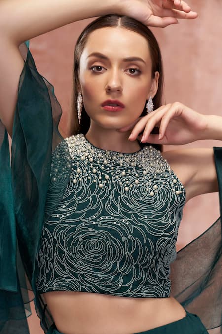 Suruchi Parakh Green Georgette, Soft Organza Floral Motifs Round Embroidered Lehenga Set Online at Aza Fashions Suruchi Parakh_Green Georgette, Soft Organza Floral Motifs Round Embroidered Lehenga Set _Online_at_Aza_Fashions