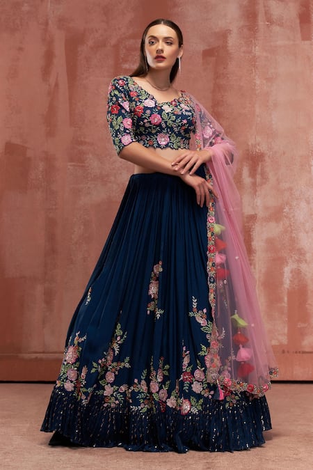 Suruchi Parakh Blue Georgette Crepe Embroidered Floral Motifs Round Lehenga Set