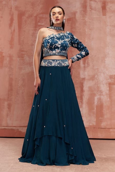 Suruchi Parakh Blue Georgette Crepe Embroidered Floral Motifs One Shoulder Layered Skirt Set 