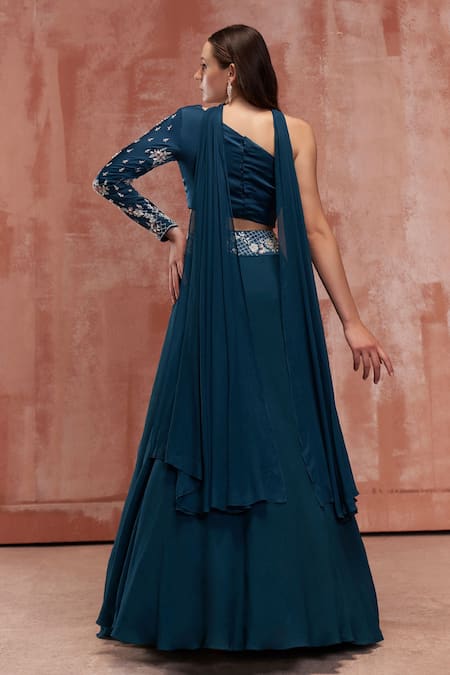 Shop Suruchi Parakh Blue Satin Silk, Georgette Crepe Floral Motifs One Embroidered Layered Skirt Set at Aza Fashions Shop_Suruchi Parakh_Blue Satin Silk, Georgette Crepe Floral Motifs One Embroidered Layered Skirt Set _at_Aza_Fashions
