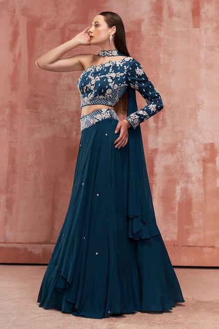 Suruchi Parakh Blue Satin Silk, Georgette Crepe Floral Motifs One Embroidered Layered Skirt Set Online at Aza Fashions Suruchi Parakh_Blue Satin Silk, Georgette Crepe Floral Motifs One Embroidered Layered Skirt Set _Online_at_Aza_Fashions