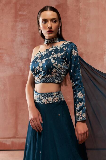 Buy Suruchi Parakh Blue Satin Silk, Georgette Crepe Floral Motifs One Embroidered Layered Skirt Set Online at Aza Fashions Buy_Suruchi Parakh_Blue Satin Silk, Georgette Crepe Floral Motifs One Embroidered Layered Skirt Set _Online_at_Aza_Fashions