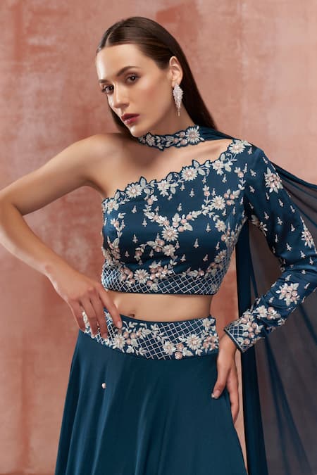 Shop Suruchi Parakh Blue Satin Silk, Georgette Crepe Floral Motifs One Embroidered Layered Skirt Set Online at Aza Fashions Shop_Suruchi Parakh_Blue Satin Silk, Georgette Crepe Floral Motifs One Embroidered Layered Skirt Set _Online_at_Aza_Fashions