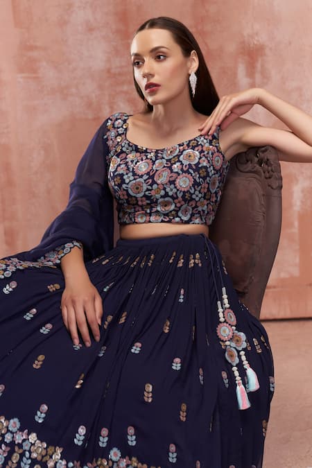 Suruchi Parakh_Blue Georgette Floral Motifs Scoop Neck Embroidered Lehenga Set _Online_at_Aza_Fashions