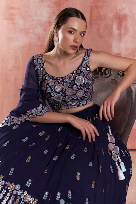 Buy_Suruchi Parakh_Blue Georgette Floral Motifs Scoop Neck Embroidered Lehenga Set _Online_at_Aza_Fashions