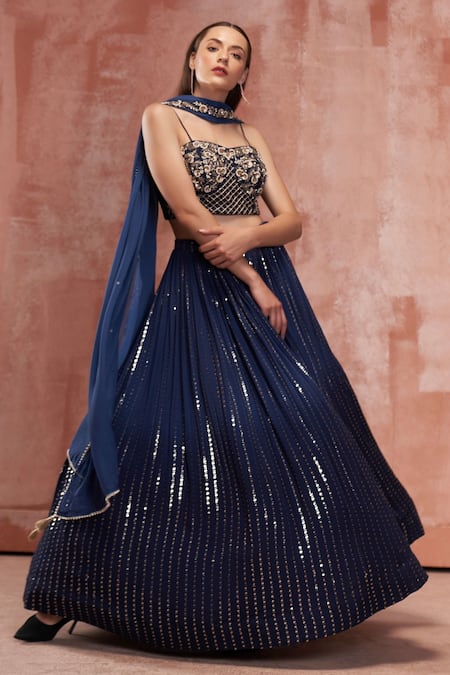 Buy_Suruchi Parakh_Blue Georgette Floral Motifs Sweetheart Neck Sequin Embroidered Skirt Set _Online_at_Aza_Fashions