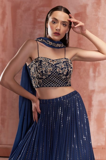 Shop_Suruchi Parakh_Blue Georgette Floral Motifs Sweetheart Neck Sequin Embroidered Skirt Set _Online_at_Aza_Fashions