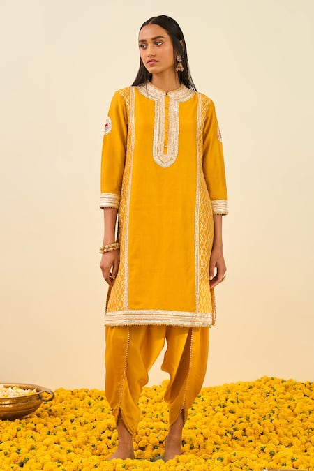 Sheetal Batra Yellow Kurta - Silk Chanderi Dhoti Pant - Bamberg Satin Gota And Aliza & Set 