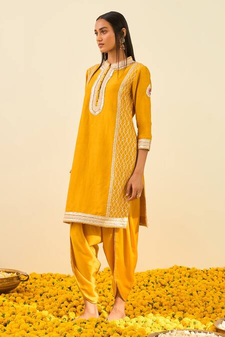 Sheetal Batra_Yellow Kurta - Silk Chanderi Dhoti Pant - Bamberg Satin Gota And Aliza & Set_Online_at_Aza_Fashions