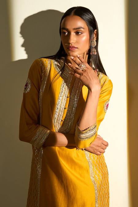 Buy_Sheetal Batra_Yellow Kurta - Silk Chanderi Dhoti Pant - Bamberg Satin Gota And Aliza & Set_Online_at_Aza_Fashions