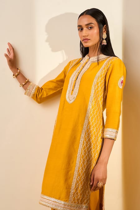 Shop_Sheetal Batra_Yellow Kurta - Silk Chanderi Dhoti Pant - Bamberg Satin Gota And Aliza & Set_Online_at_Aza_Fashions