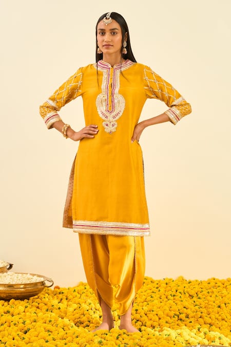 Sheetal Batra Yellow Kurta - Silk Chanderi Dhoti Pant - Bamberg Satin Aminah And Set 