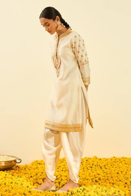 Sheetal Batra_White Kurta - Silk Chanderi Dhoti Pant - Bamberg Satin Gota And Aminah & Set_Online_at_Aza_Fashions