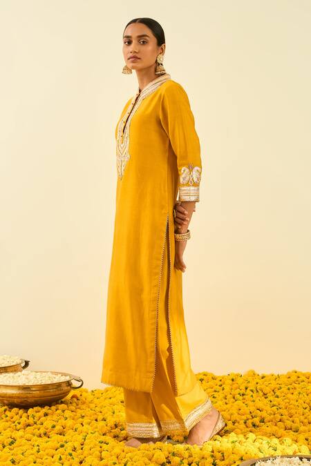 Sheetal Batra Yellow Kurta - Silk Chanderi Palazzo - Cambric Gota And Bead Arisah & Set Online at Aza Fashions Sheetal Batra_Yellow Kurta - Silk Chanderi Palazzo - Cambric Gota And Bead Arisah & Set _Online_at_Aza_Fashions