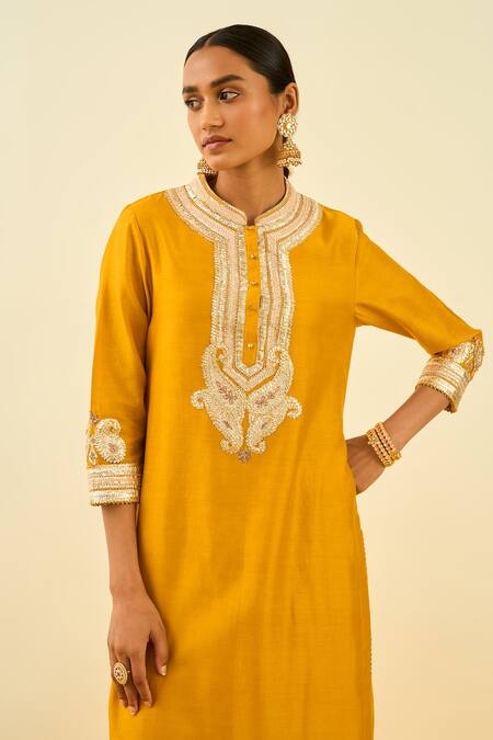 Buy Sheetal Batra Yellow Kurta - Silk Chanderi Palazzo - Cambric Gota And Bead Arisah & Set Online at Aza Fashions Buy_Sheetal Batra_Yellow Kurta - Silk Chanderi Palazzo - Cambric Gota And Bead Arisah & Set _Online_at_Aza_Fashions