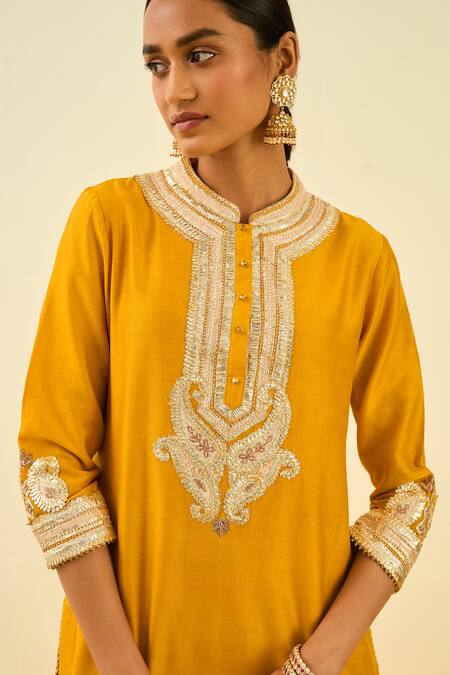 Sheetal Batra Yellow Kurta - Silk Chanderi Palazzo - Cambric Gota And Bead Arisah & Set at Aza Fashions Sheetal Batra_Yellow Kurta - Silk Chanderi Palazzo - Cambric Gota And Bead Arisah & Set _at_Aza_Fashions