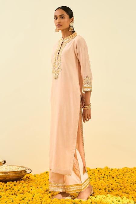Sheetal Batra_Pink Kurta - Silk Chanderi Palazzo - Cambric Gota And Bead Work Arisah & Set _Online_at_Aza_Fashions