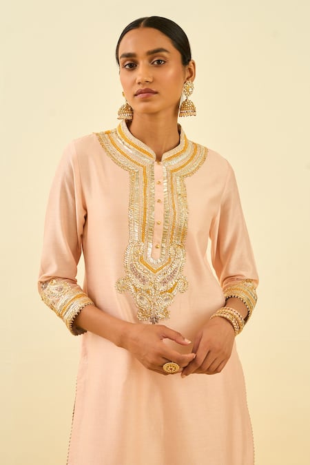 Buy_Sheetal Batra_Pink Kurta - Silk Chanderi Palazzo - Cambric Gota And Bead Work Arisah & Set _Online_at_Aza_Fashions