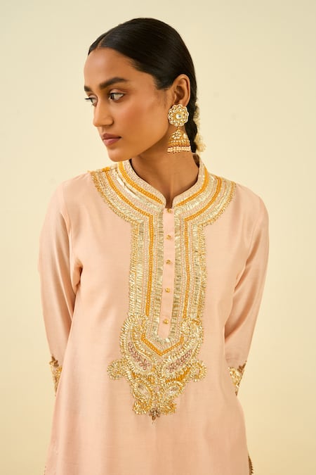 Shop_Sheetal Batra_Pink Kurta - Silk Chanderi Palazzo - Cambric Gota And Bead Work Arisah & Set _Online_at_Aza_Fashions