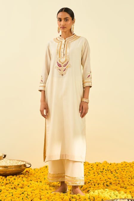 Sheetal Batra White Kurta - Silk Chanderi Palazzo - Cambric Embroidered Gota Arisah And Set 