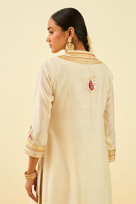 Shop_Sheetal Batra_White Kurta - Silk Chanderi Palazzo - Cambric Gota And Bead Work Arisah & Set _at_Aza_Fashions